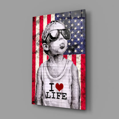 Rustic USA Flag Sunglasses Boy Glass Wall Art