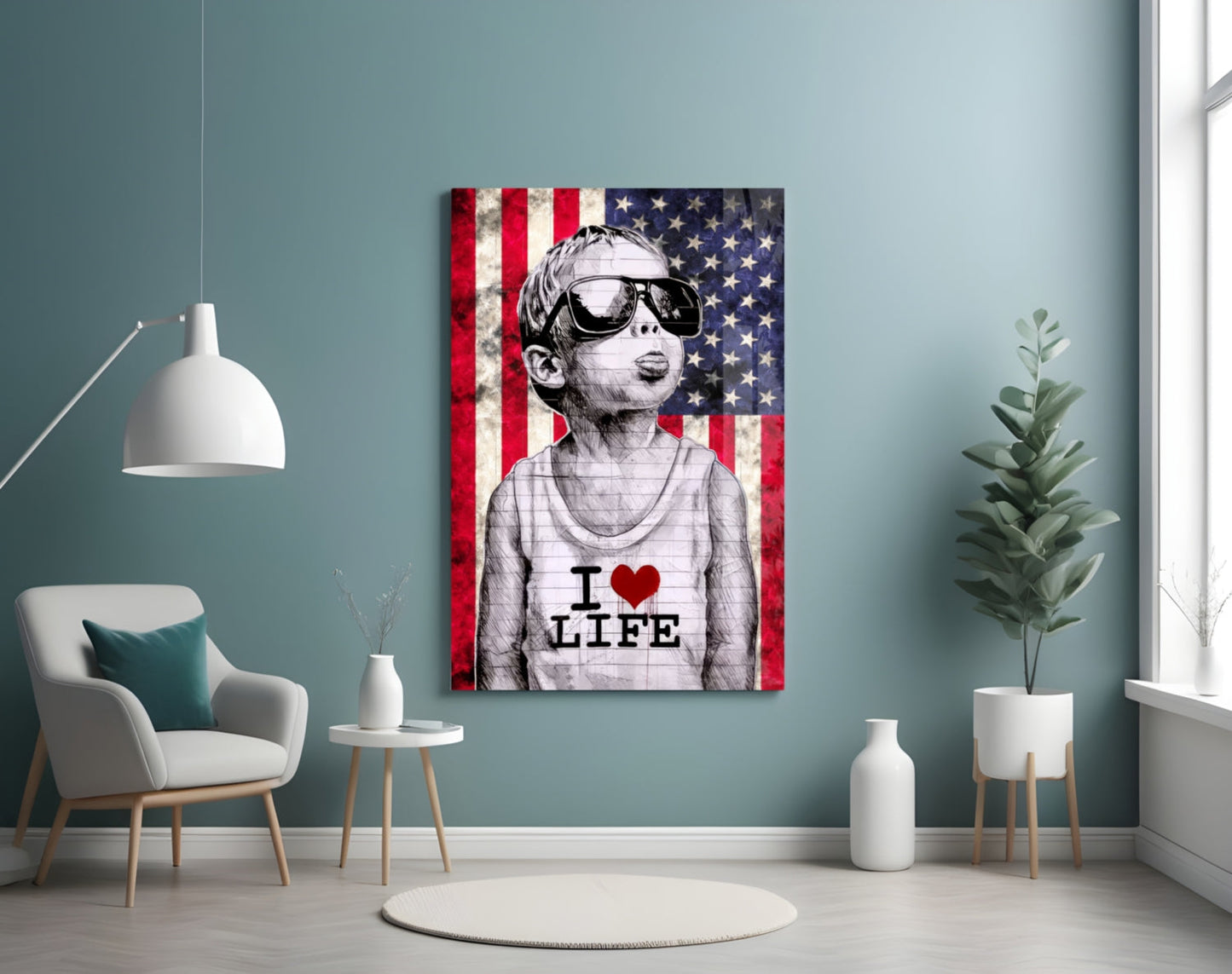 Rustic USA Flag Sunglasses Boy Glass Wall Art