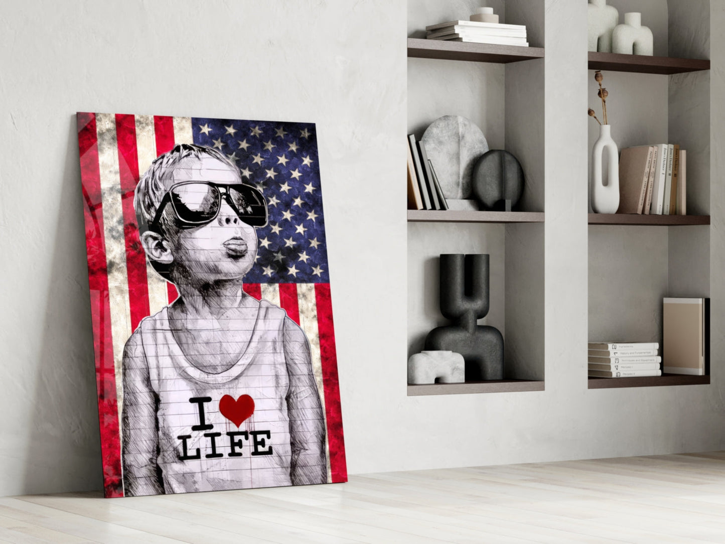 Rustic USA Flag Sunglasses Boy Glass Wall Art