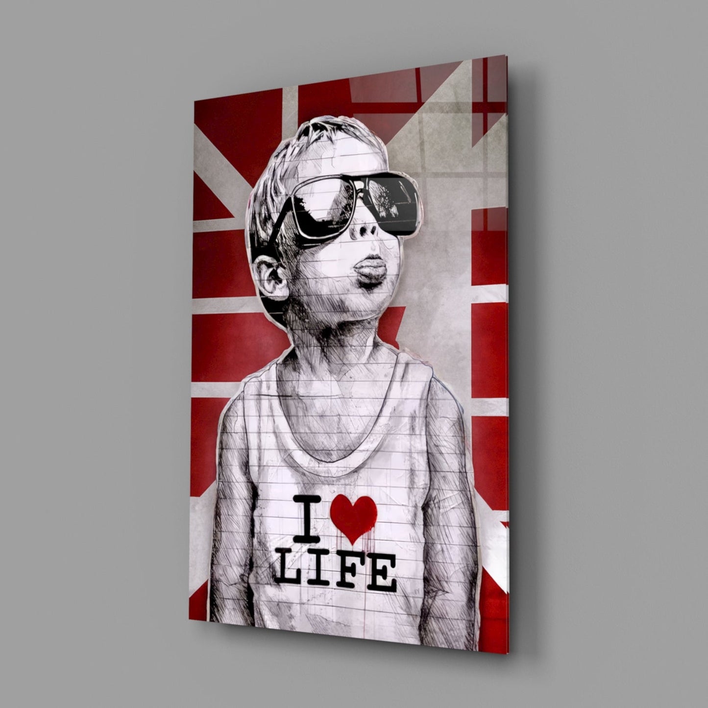 Red Union Jack Sunglasses Boy Glass Wall Art