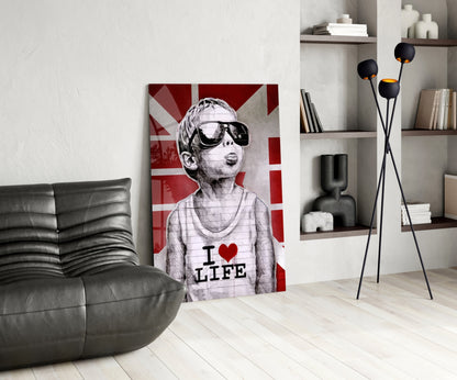 Red Union Jack Sunglasses Boy Glass Wall Art