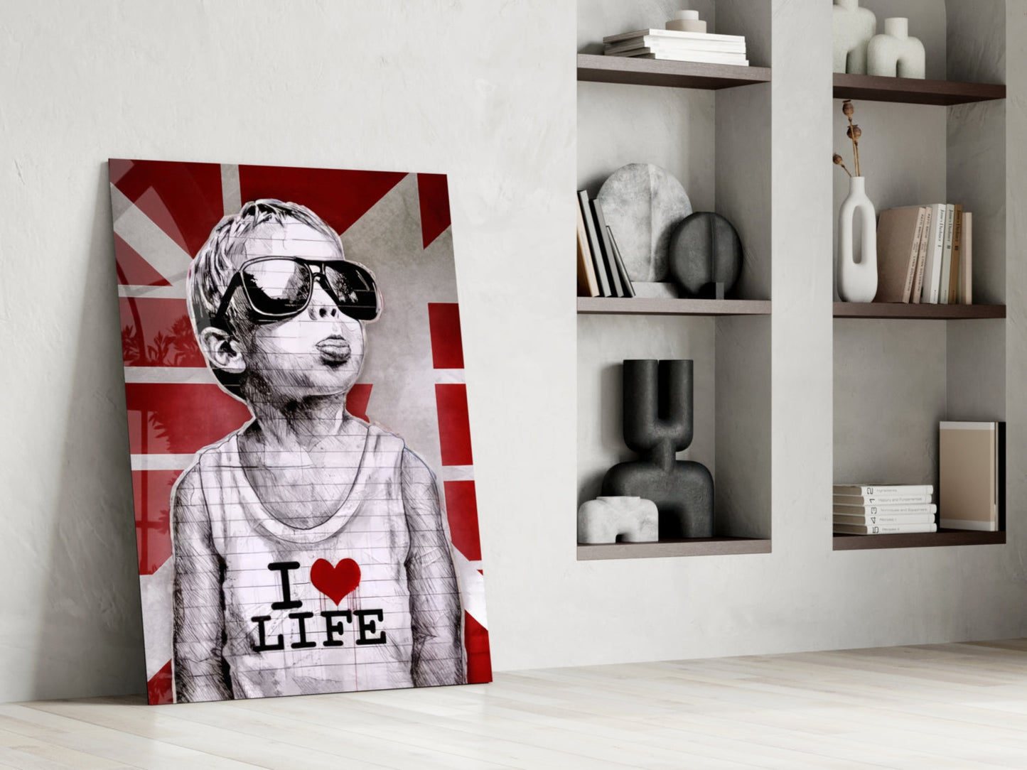 Red Union Jack Sunglasses Boy Glass Wall Art