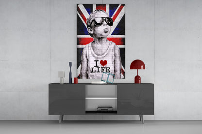Union Jack Sunglasses Boy Glass Wall Art