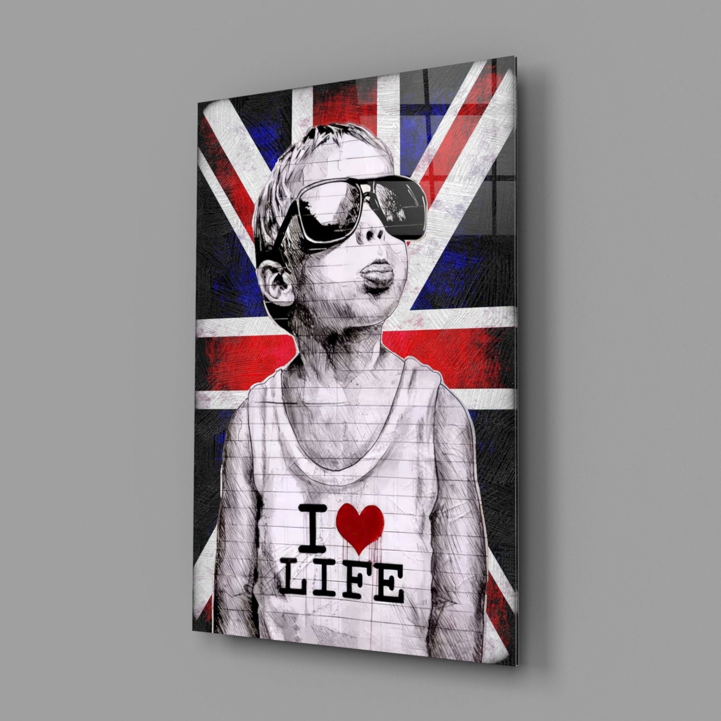 Union Jack Sunglasses Boy Glass Wall Art