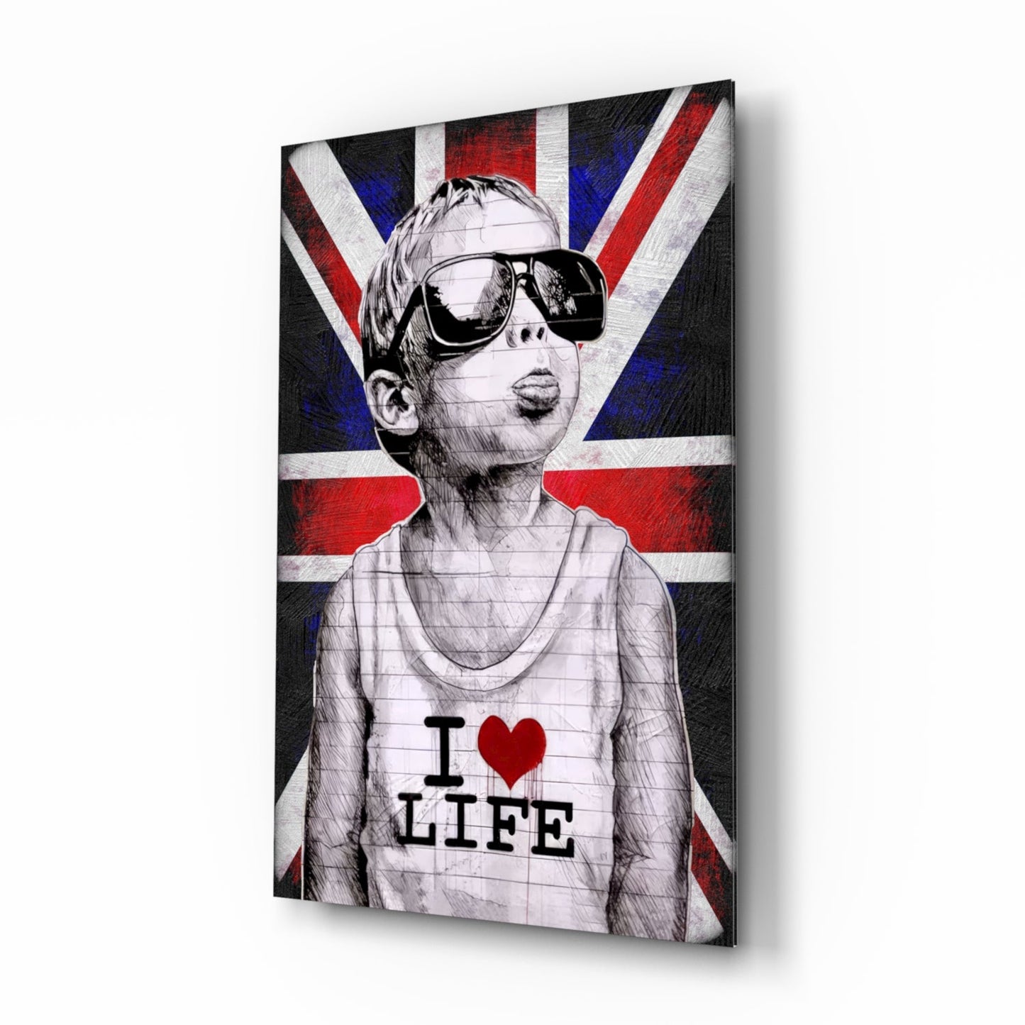 Union Jack Sunglasses Boy Glass Wall Art