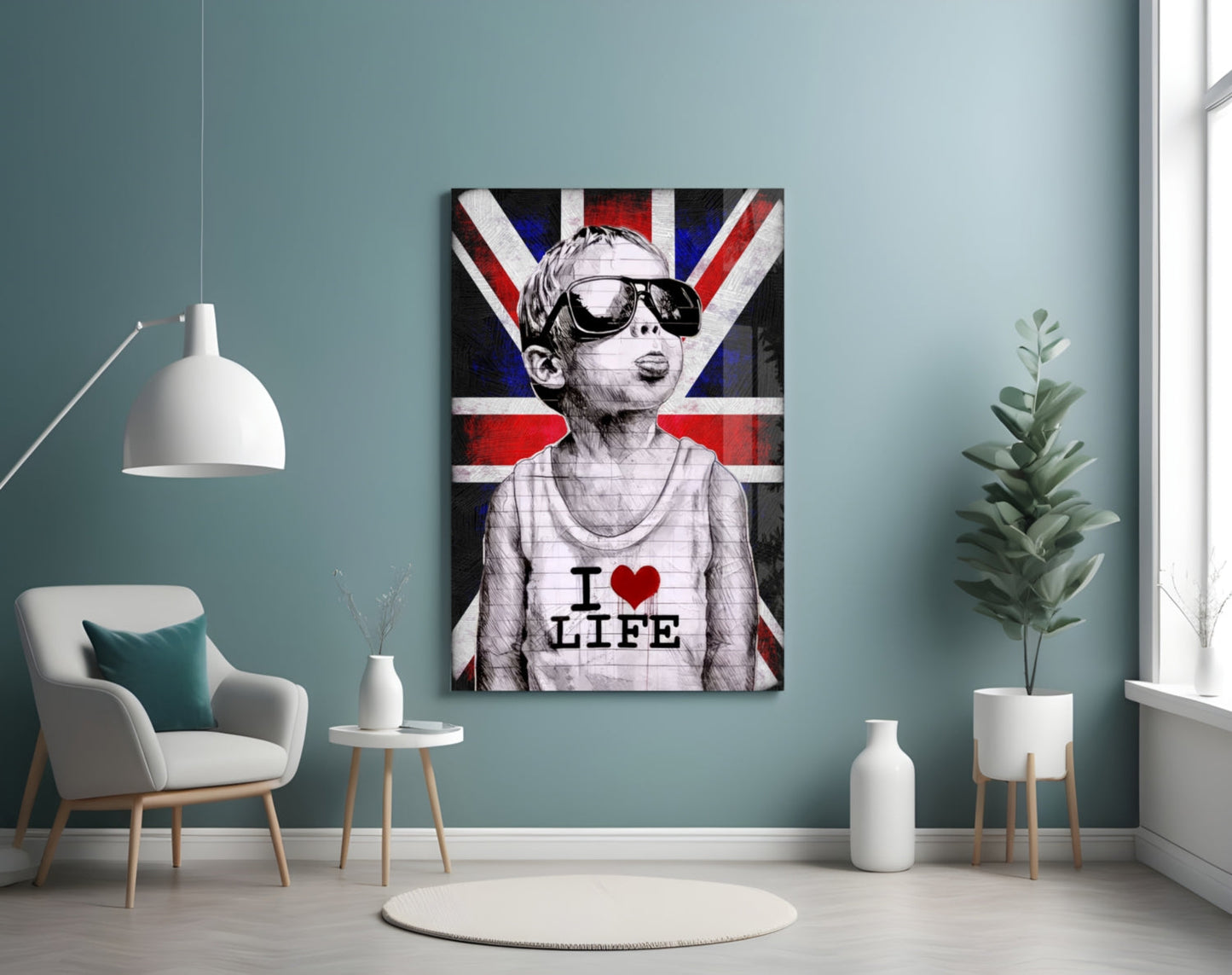 Union Jack Sunglasses Boy Glass Wall Art