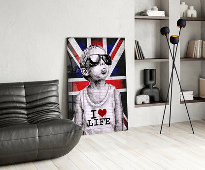 Union Jack Sunglasses Boy Glass Wall Art