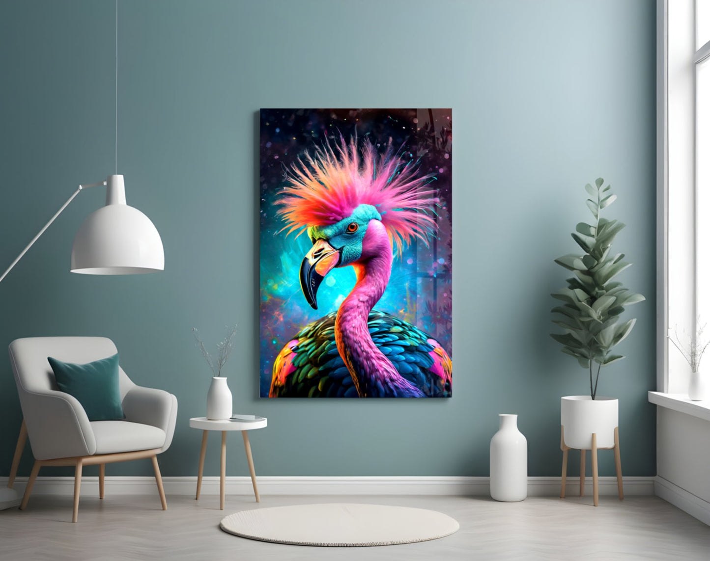 Punk Mohawk Flamingo Teal Face Glass Wall Art