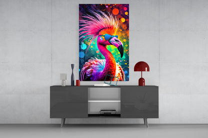 Flamingo in Sunglasses Neon Bokeh Glass Wall Art