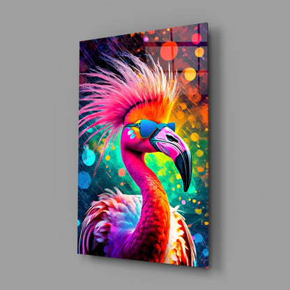 Flamingo in Sunglasses Neon Bokeh Glass Wall Art