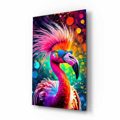 Flamingo in Sunglasses Neon Bokeh Glass Wall Art