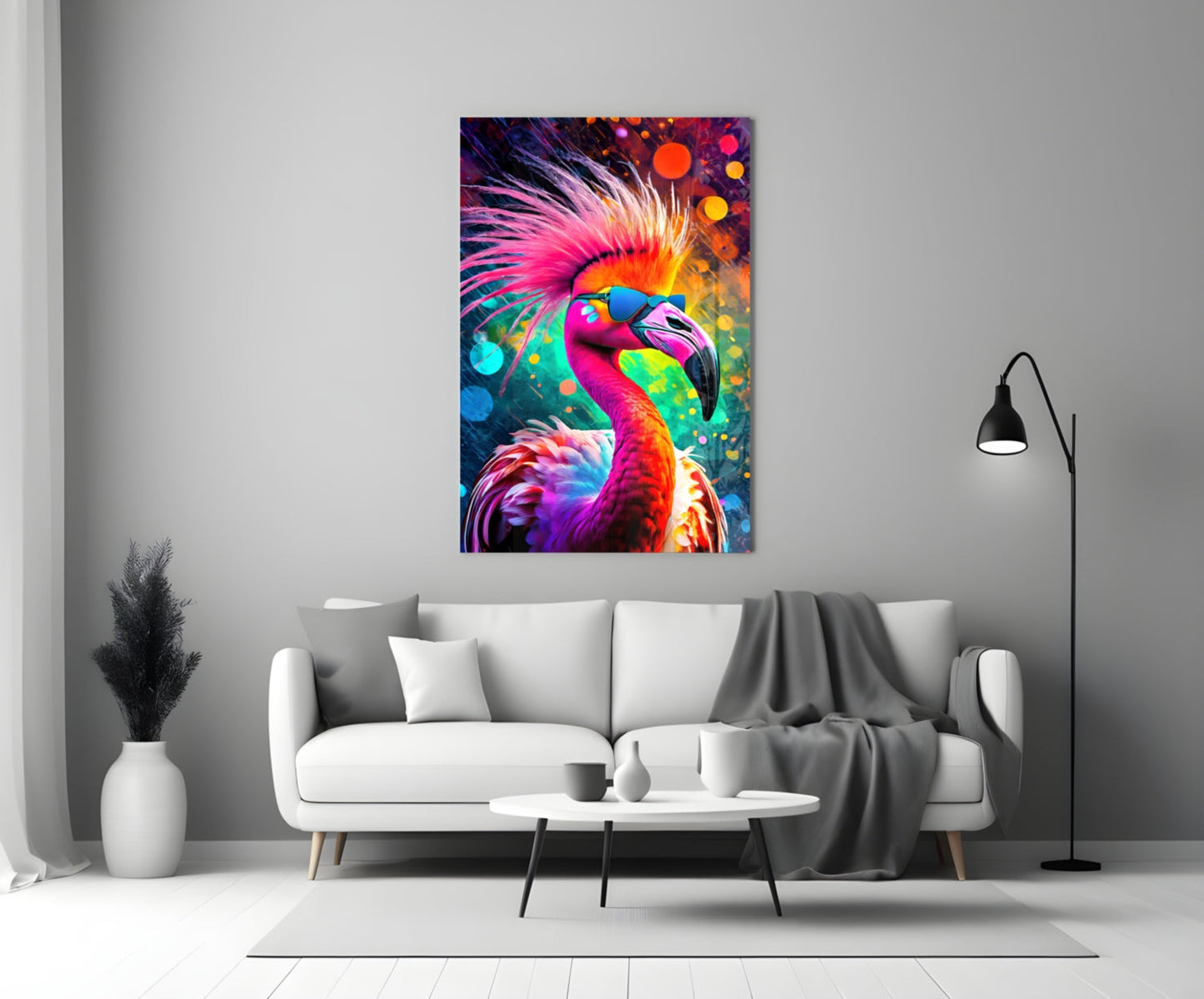 Flamingo in Sunglasses Neon Bokeh Glass Wall Art