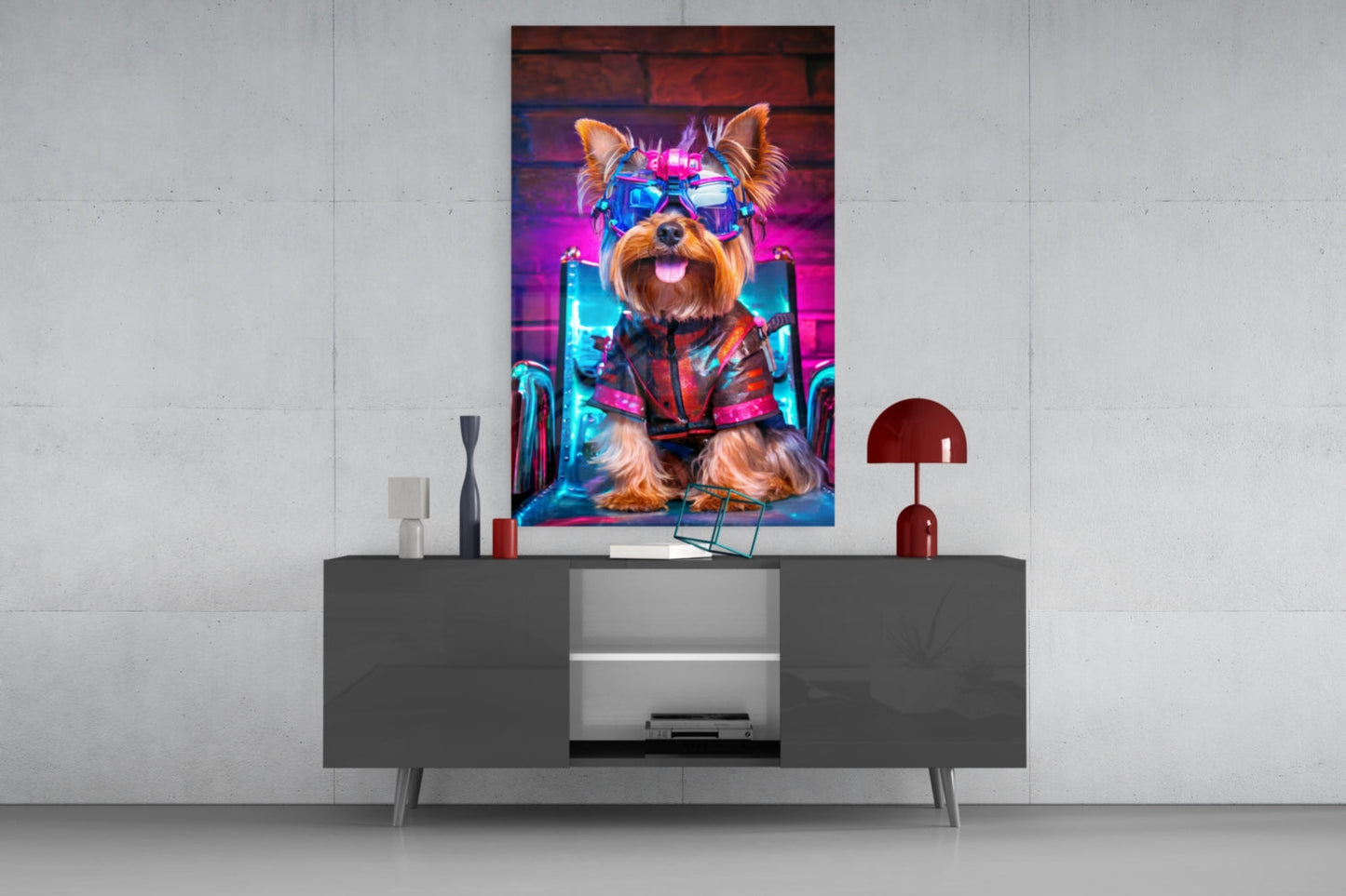 Neon hip dog glass wall art displayed above gray media console, showing colorful terrier wearing sunglasses and jacket against brick backdrop.