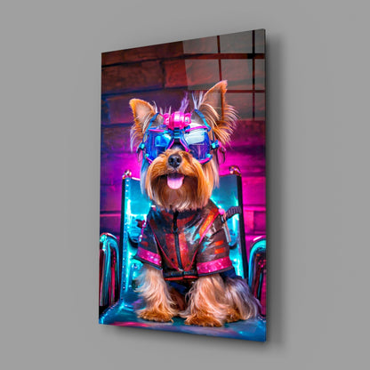 Small long-haired dog wearing neon cyberpunk outfit and blue visor against pink neon background on glass wall panel.