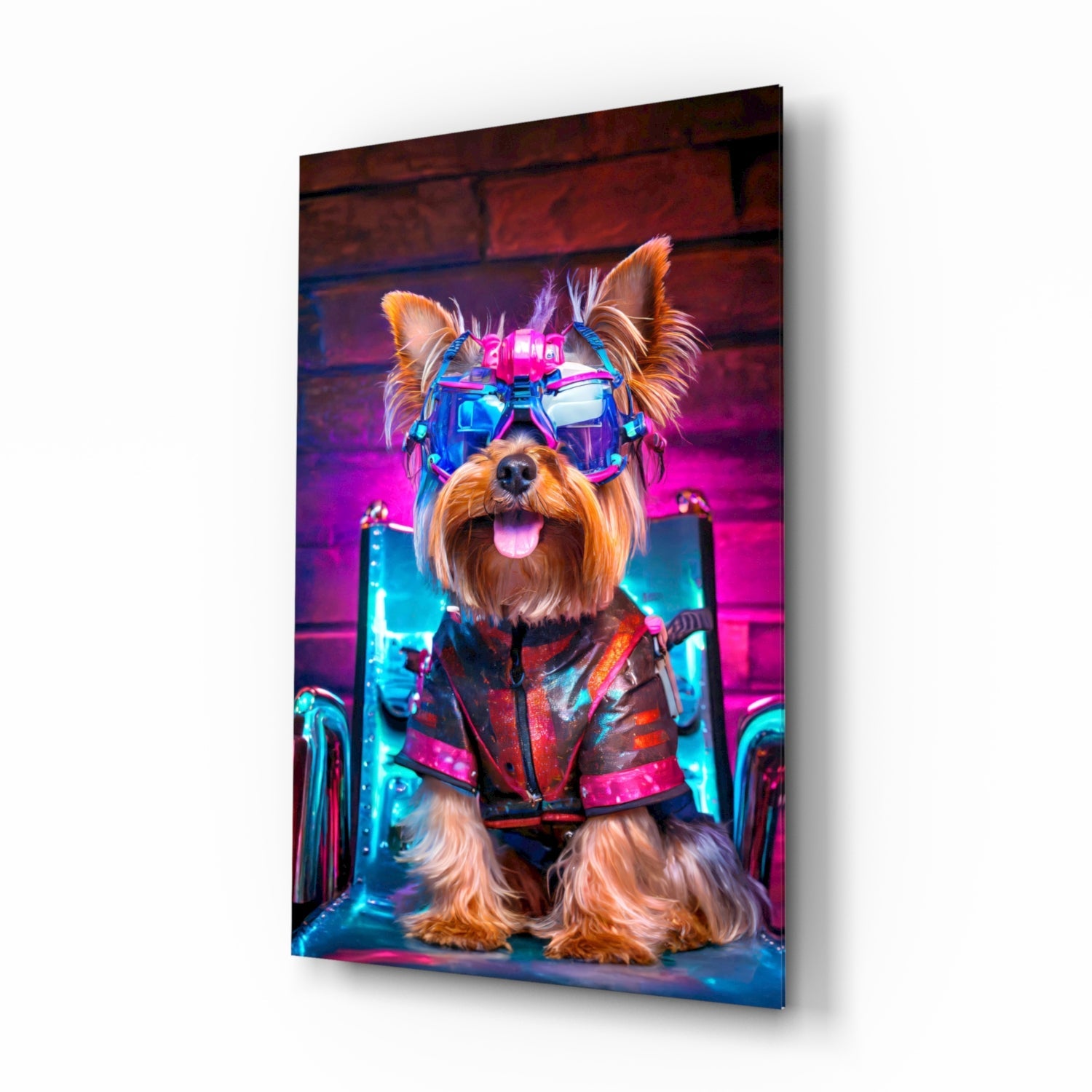 Angled product view of a glass wall art panel featuring a stylish dog wearing neon cyberpunk goggles and jacket against vibrant pink and blue lighting.