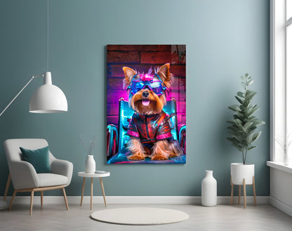 Neon-styled glass wall art featuring a dog wearing sunglasses and colorful jacket displayed in modern living room setting.