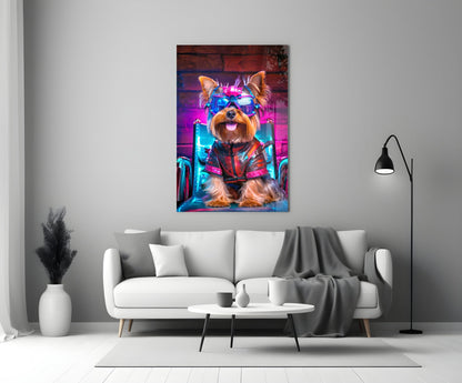 Neon cyberpunk dog artwork hanging above white sofa in modern living room interior.