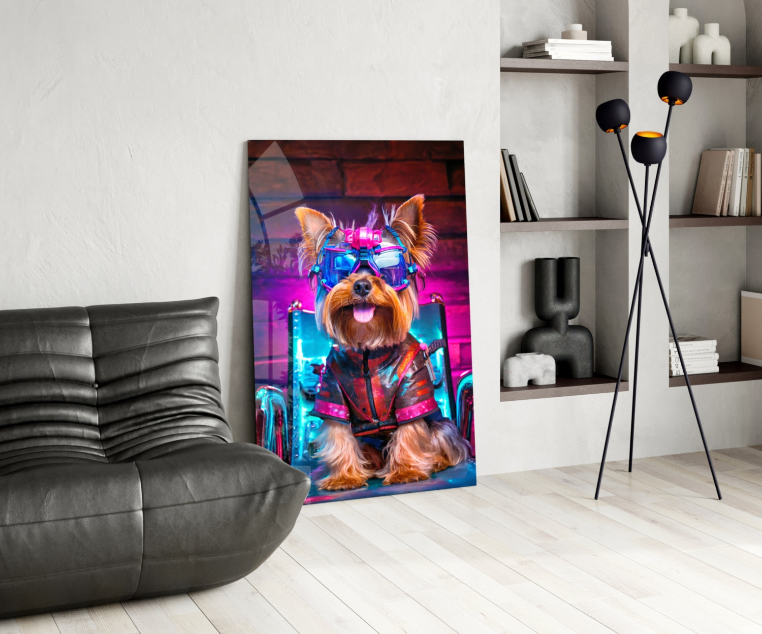 Neon-lit dog wearing futuristic goggles and vest displayed as glass wall art in modern living room with leather sofa and shelving.