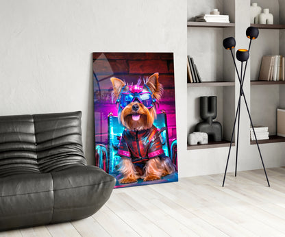 Neon-lit dog wearing futuristic goggles and vest displayed as glass wall art in modern living room with leather sofa and shelving.