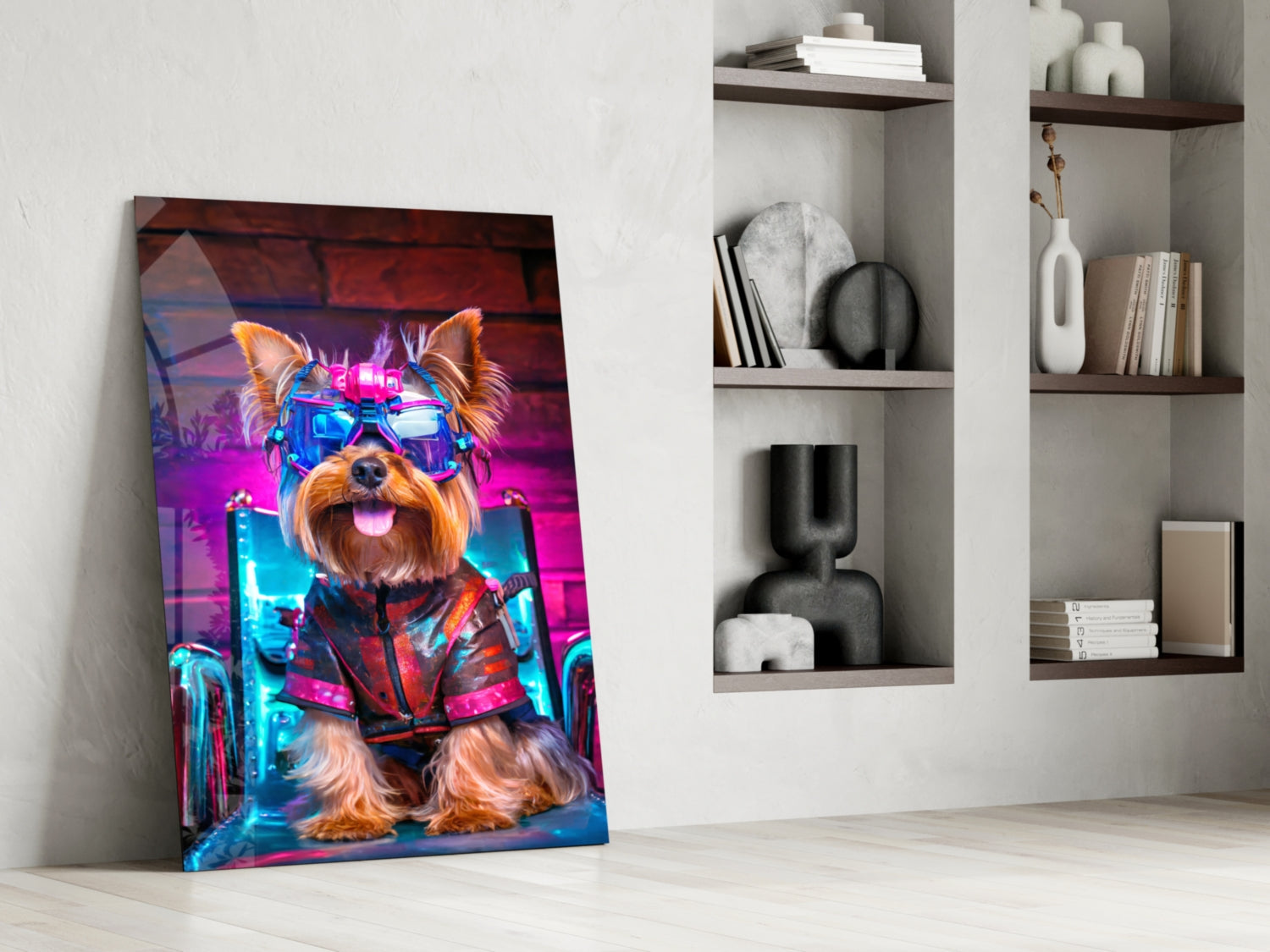 Neon-lit dog portrait glass art leaning against white wall beside floating shelves with decorative objects.