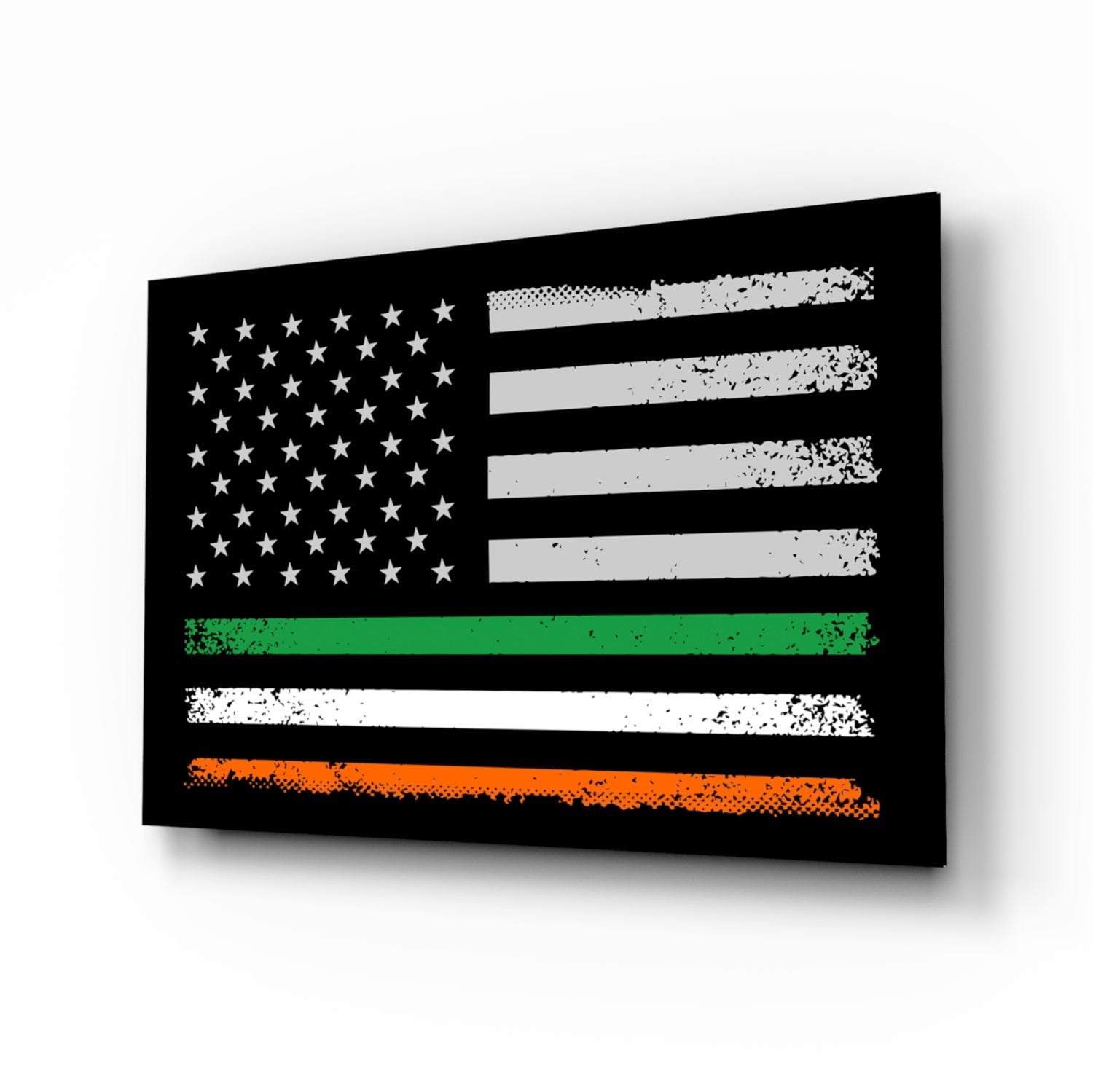 Black glass wall art featuring distressed American flag with green, white, and orange horizontal stripes, angled three-quarter view.