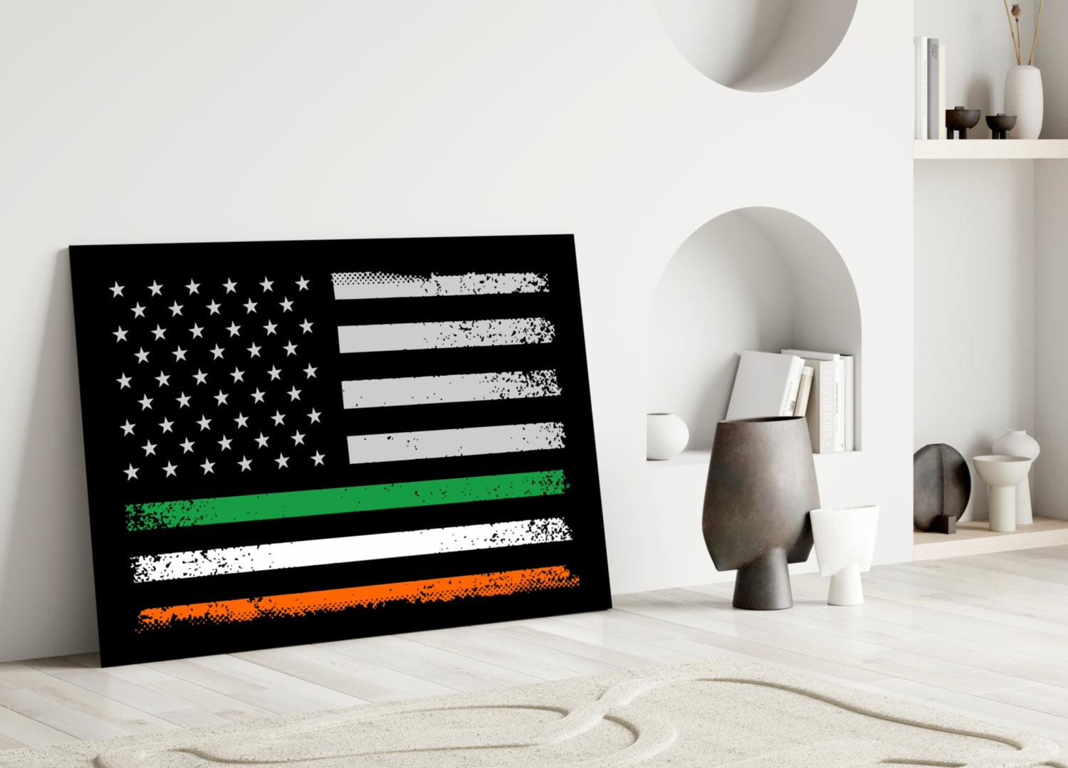 Black glass panel featuring distressed American flag with green, white, and orange horizontal stripes, displayed leaning against white wall in minimalist interior setting.