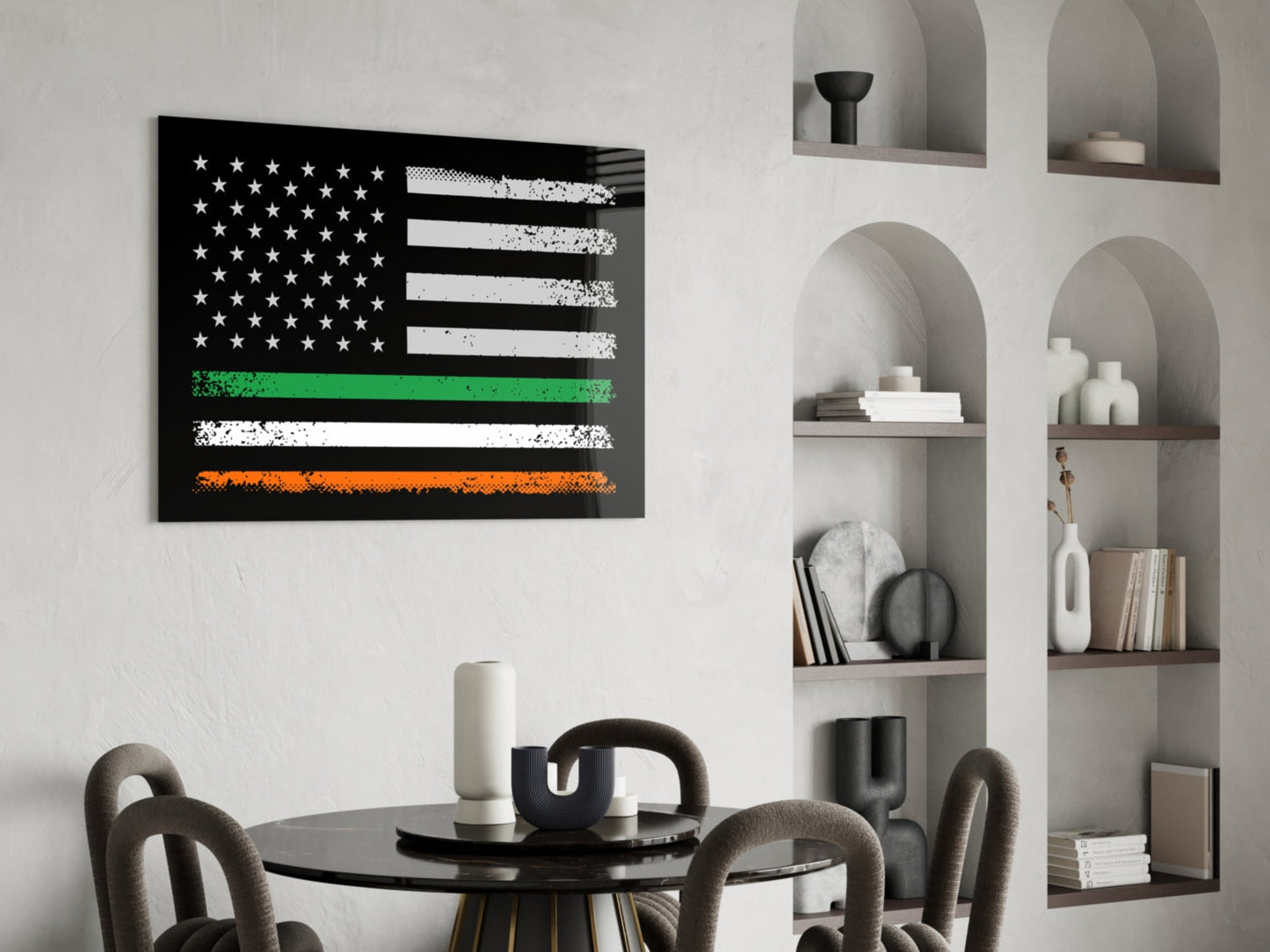 USA-Ireland flag glass wall art with distressed stars and stripes in black, white, green, and orange, displayed above a dining table in a modern interior.