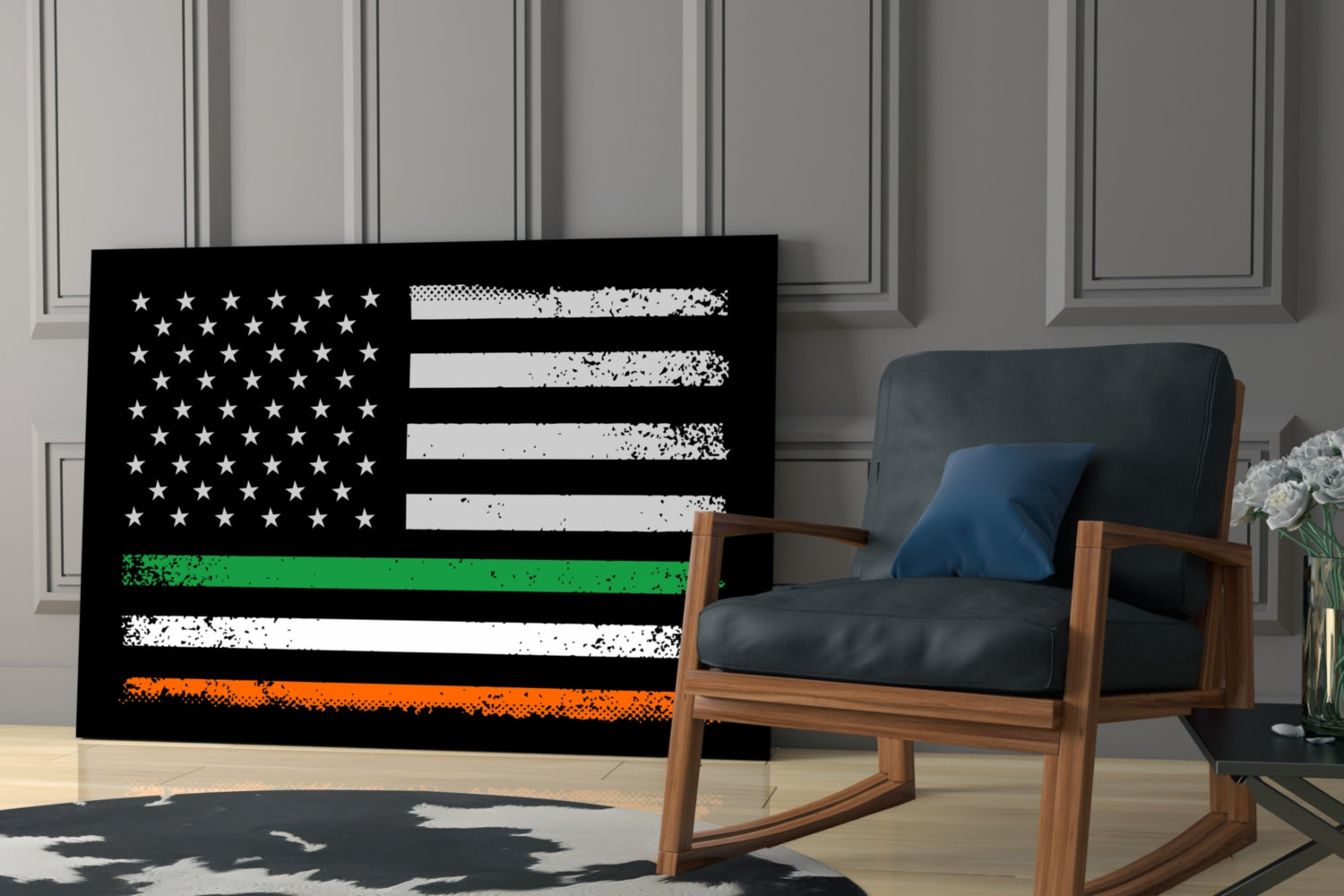 Modern living room featuring USA-Ireland flag glass wall art displayed behind a wooden-framed chair with black leather cushioning.