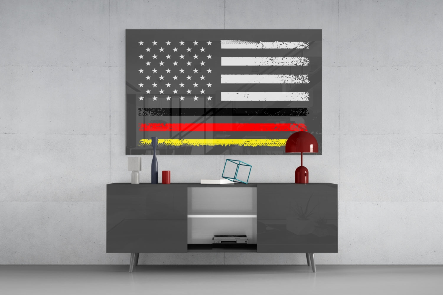 Modern living room with gray media console displaying USA-Germany flag glass wall art featuring stars, red, black, and yellow stripes.