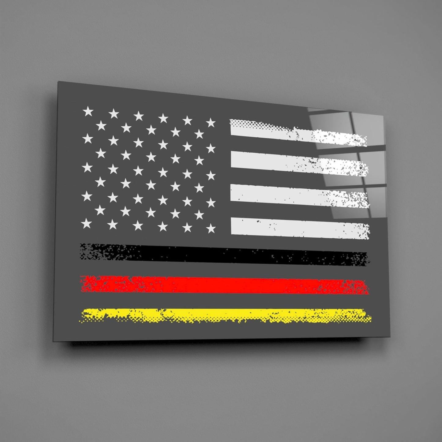 3D glass wall art featuring a distressed American flag with red and yellow horizontal stripes at the bottom, mounted on gray background.