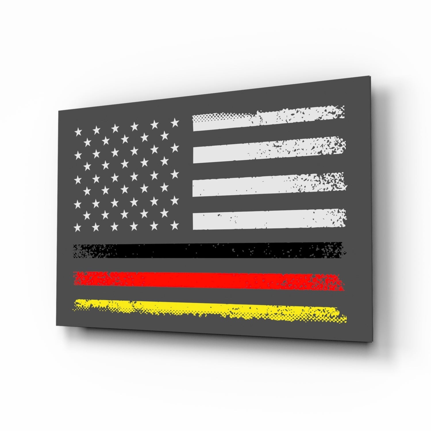 Angled perspective view of a dark gray glass wall art panel featuring a distressed American flag with white stars and stripes, overlaid with red and yellow horizontal bands at the bottom.