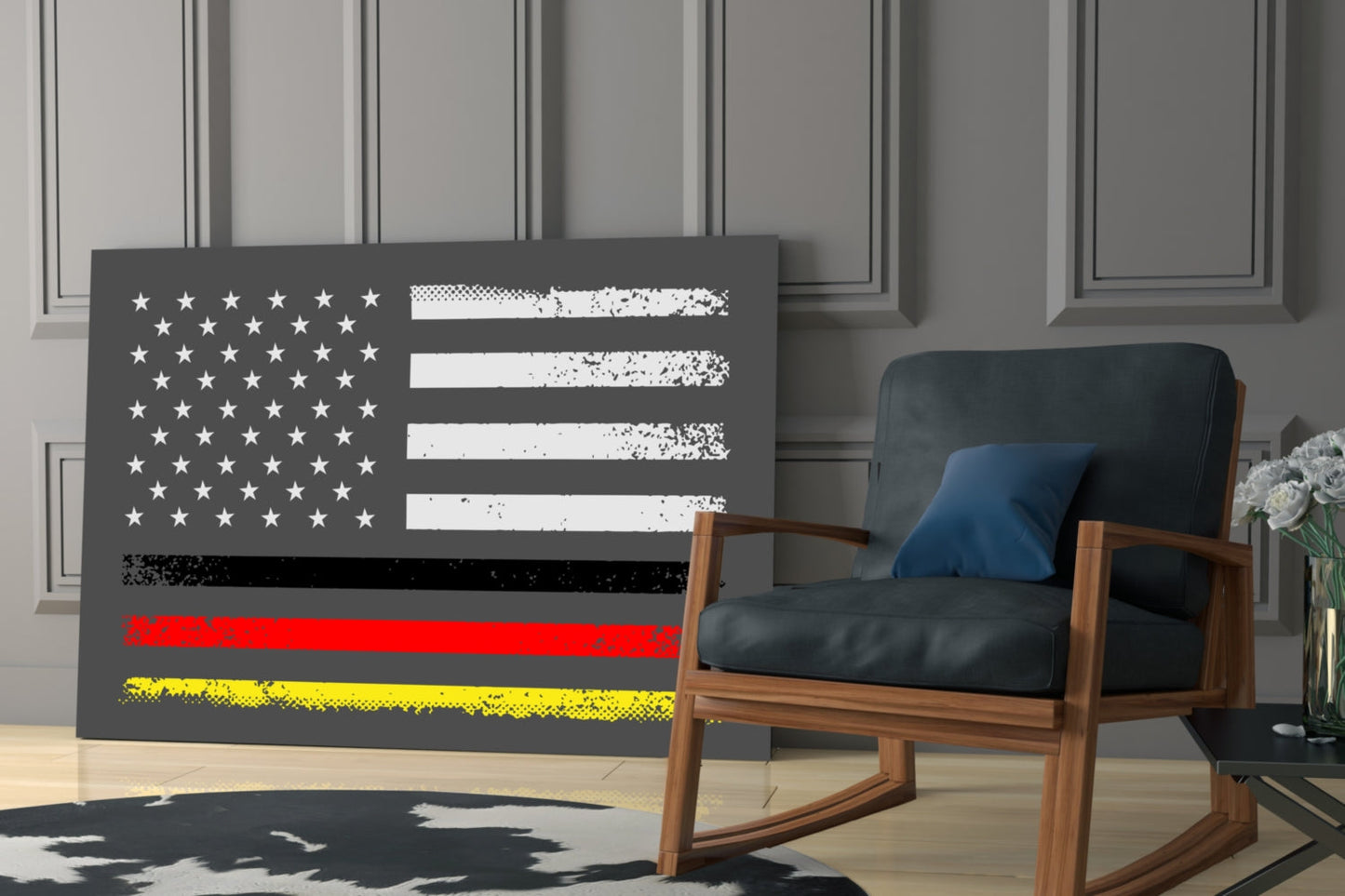 Modern living room featuring a dark gray glass wall art displaying a distressed American flag combined with German flag stripes in red and yellow, positioned beside a mid-century wooden chair.