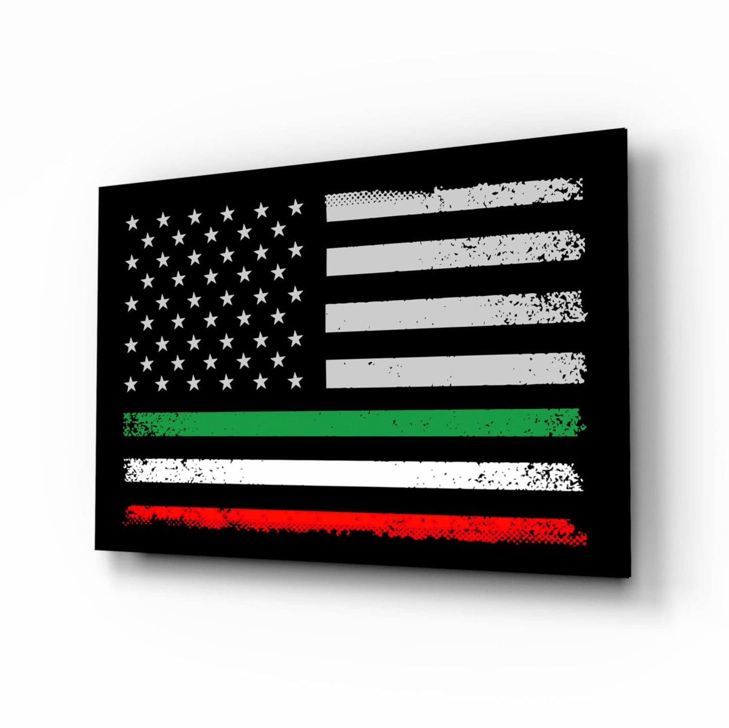 Black glass panel displaying distressed American flag with white stars and gray stripes, overlaid with green and red horizontal stripes, angled 3/4 view.