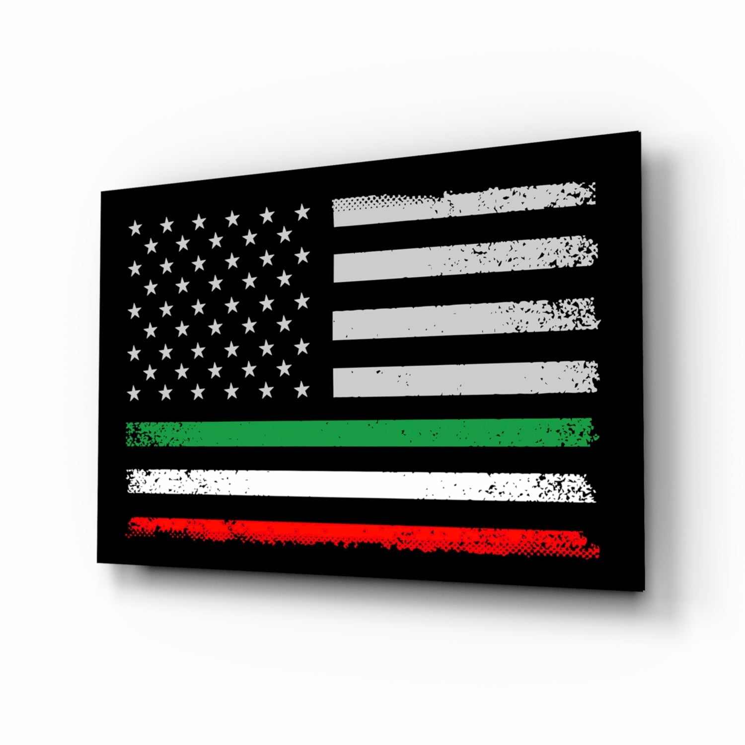Black glass panel displaying distressed American flag with white stars and gray stripes, overlaid with green and red horizontal stripes, angled 3/4 view.