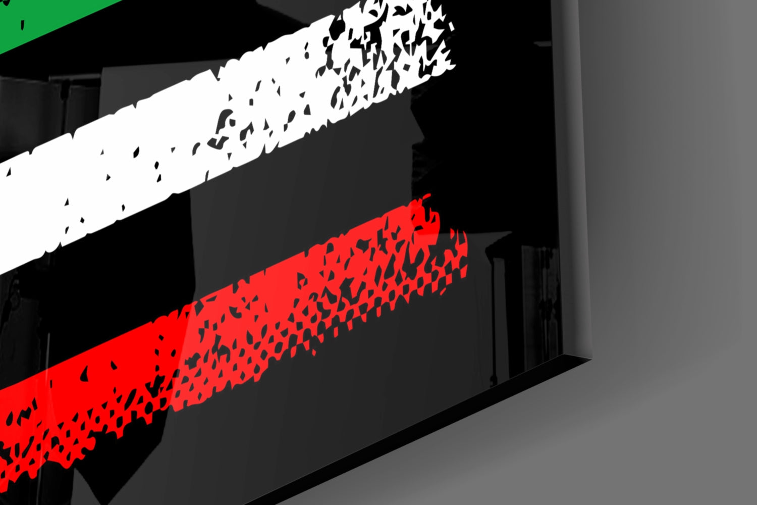 Red and white glass panels with black leaf pattern details installed on dark interior wall, angled three-dimensional view.