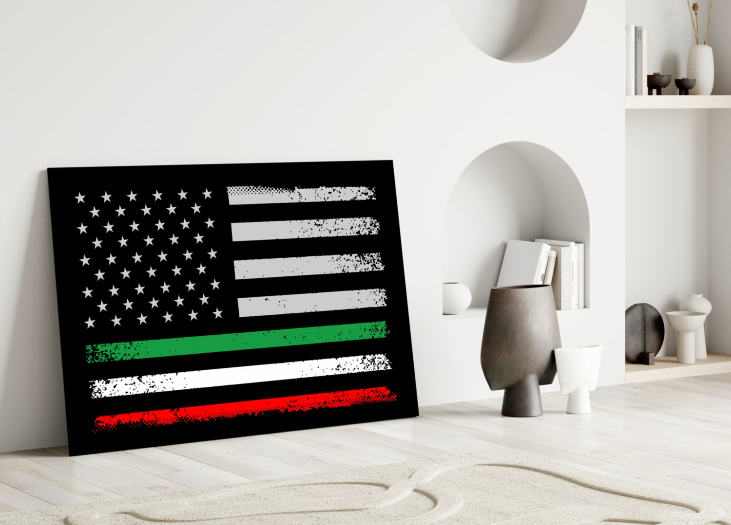 Black glass panel with distressed American flag featuring white stars, black and white stripes, green line, and red stripe, leaning against white wall in minimalist interior setting.