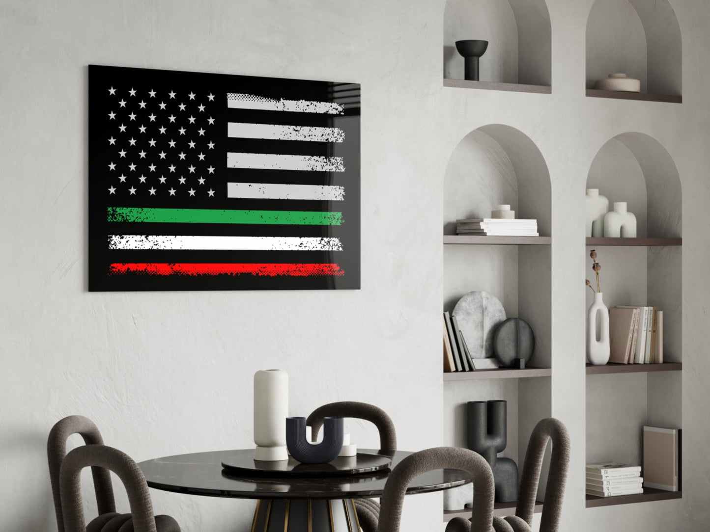 Distressed USA-Italia flag glass wall art with stars, black, white, green, and red stripes displayed above round dining table in modern interior.