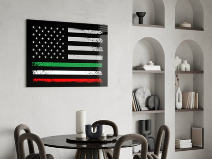 Distressed USA-Italia flag glass wall art with stars, black, white, green, and red stripes displayed above round dining table in modern interior.