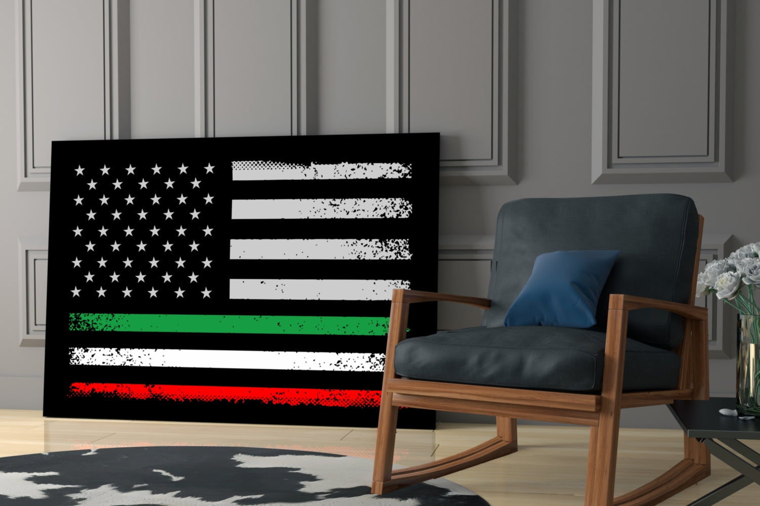 Distressed USA-Italia flag glass wall art displayed in modern living room with wooden chair and gray paneled wall backdrop.