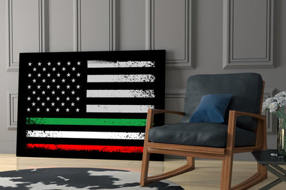 Distressed USA-Italia flag glass wall art displayed in modern living room with wooden chair and gray paneled wall backdrop.