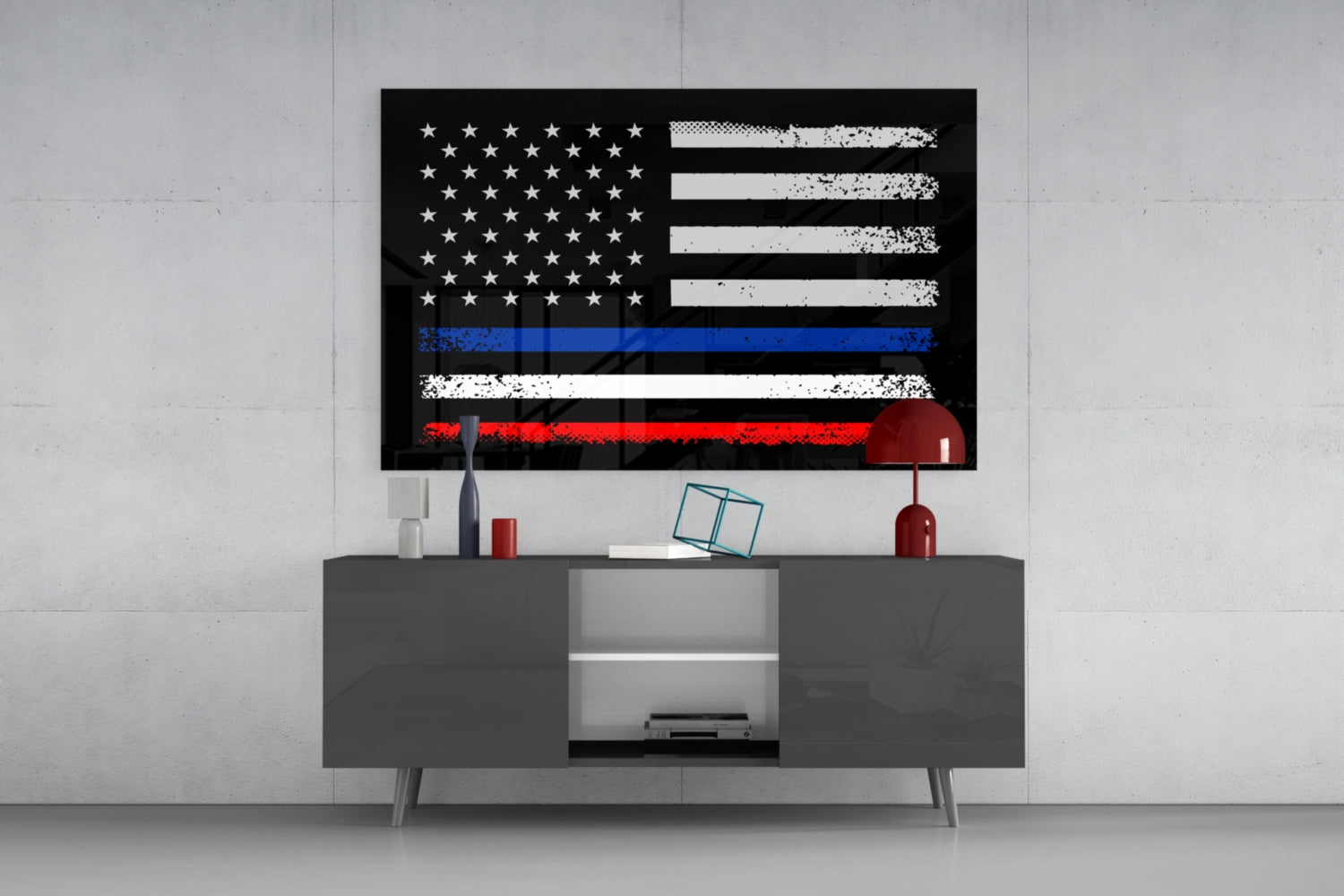 Distressed USA-France flag glass art mounted above gray media console, displaying white stars, blue, white, and red horizontal stripes.