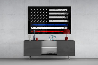 Distressed USA-France flag glass art mounted above gray media console, displaying white stars, blue, white, and red horizontal stripes.