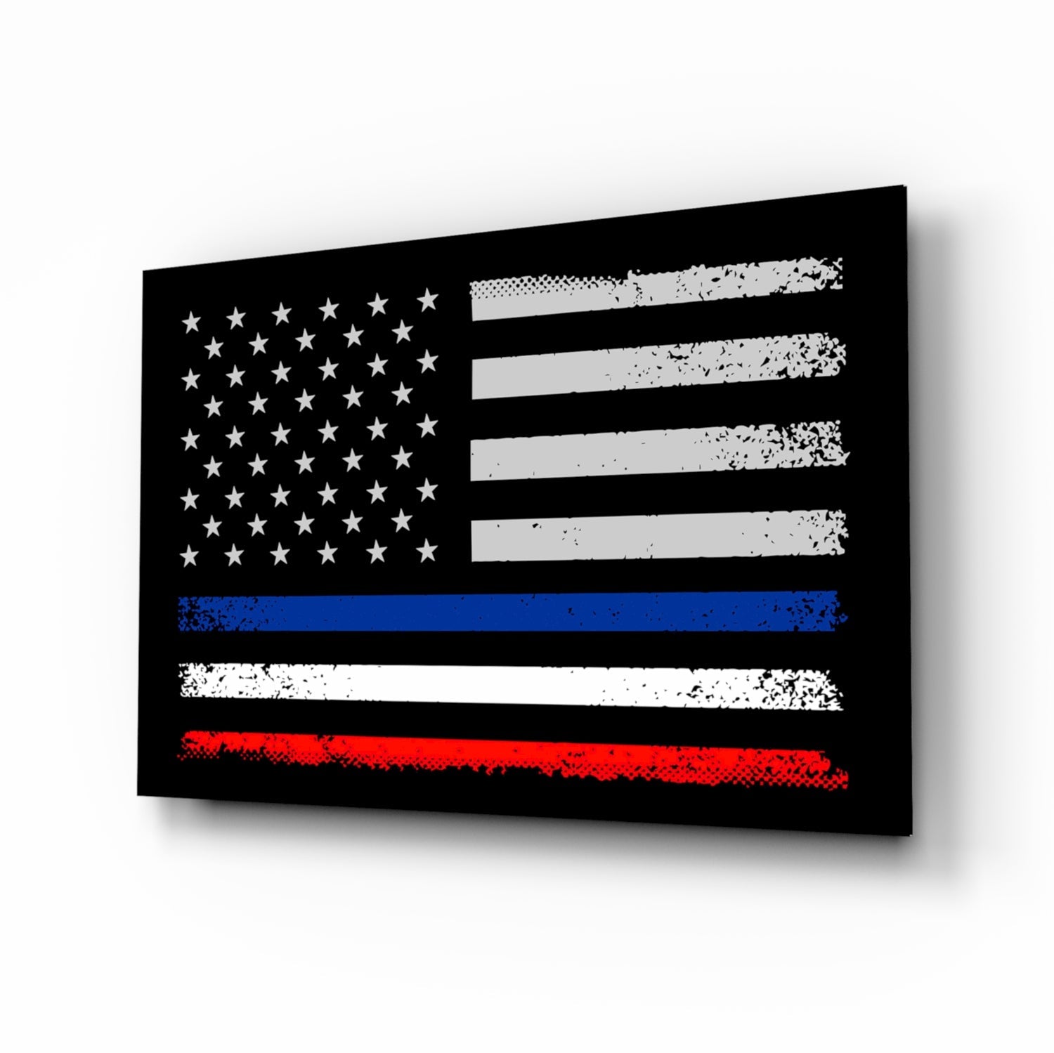 Black glass wall art with American flag design featuring white stars, gray and white stripes, thin blue line, and red stripe at bottom, displayed at angled perspective.