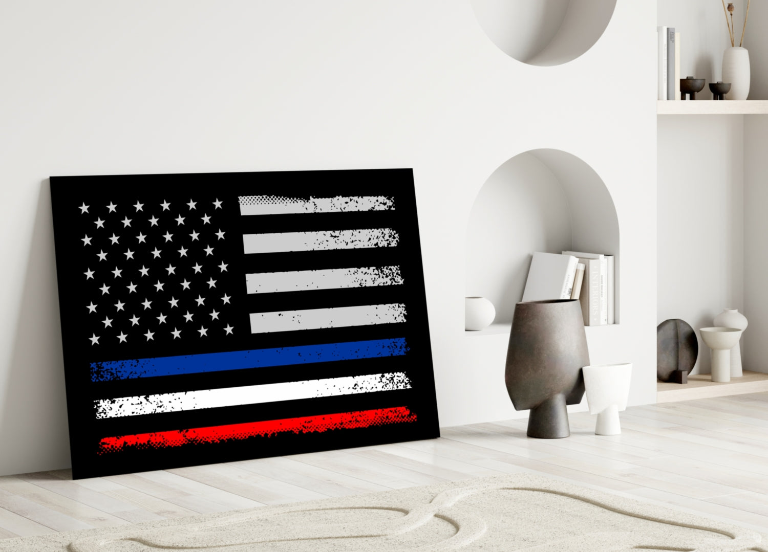 Distressed USA-France flag glass art leaning against white wall in minimalist room with decorative objects.
