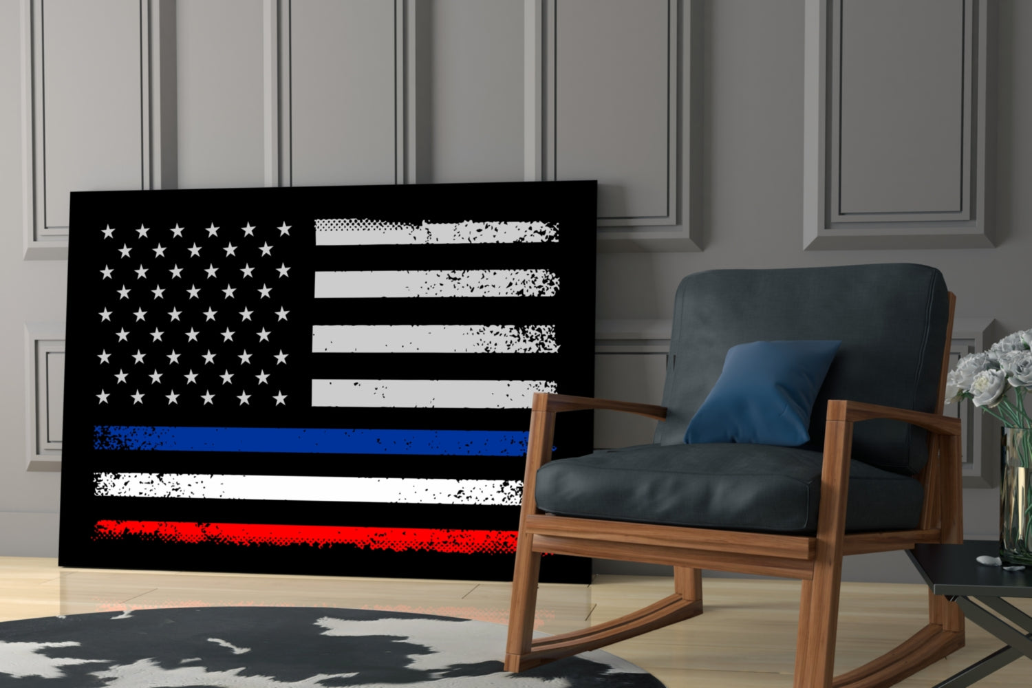 Modern living room interior featuring a distressed USA-France flag glass wall art in black, white, blue, and red displayed above a wooden chair.