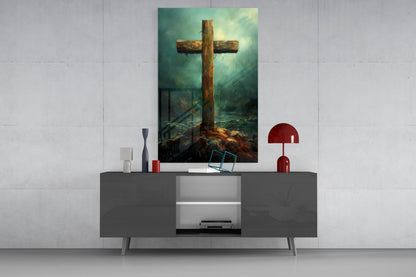 Rustic Wooden Cross In Teal Mist Glass Wall Art