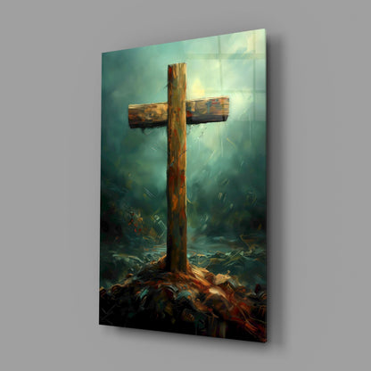 Rustic Wooden Cross In Teal Mist Glass Wall Art