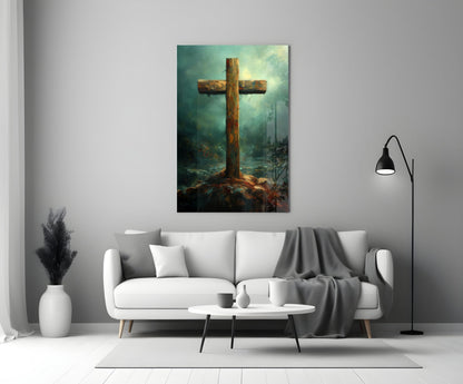 Rustic Wooden Cross In Teal Mist Glass Wall Art