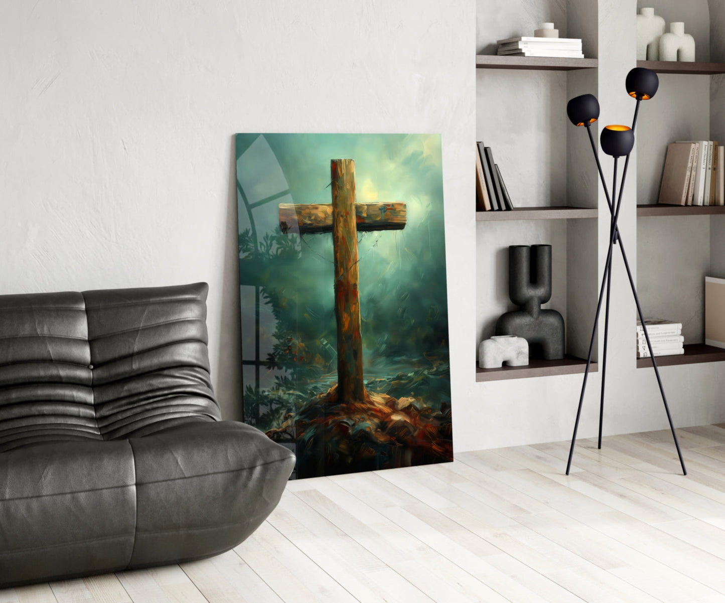 Rustic Wooden Cross In Teal Mist Glass Wall Art