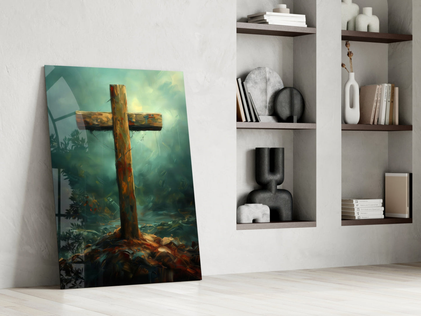 Rustic Wooden Cross In Teal Mist Glass Wall Art